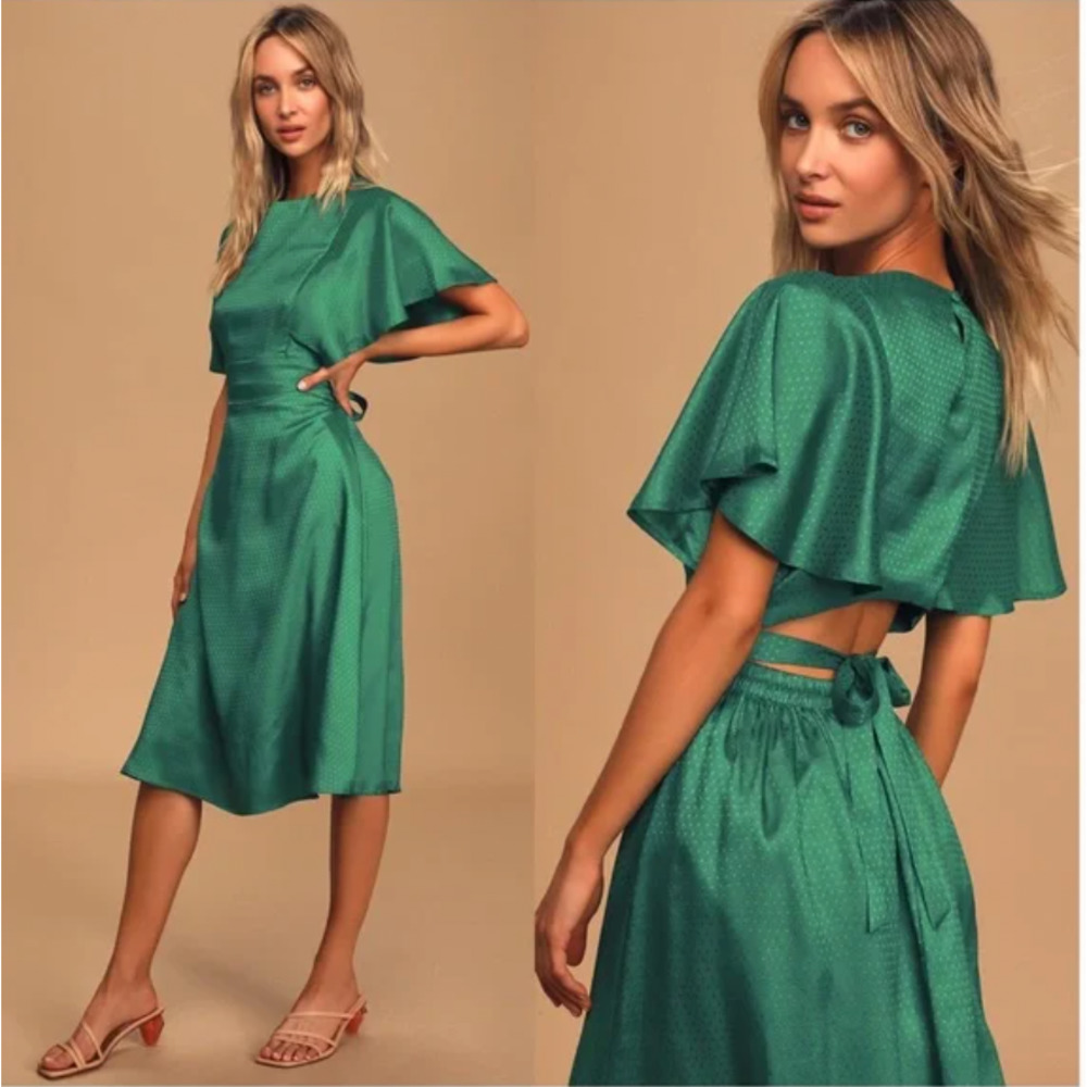 Lulus Cabaret Queen A-line Green Polka Dot Embossed Satin Backless Midi Dress XS